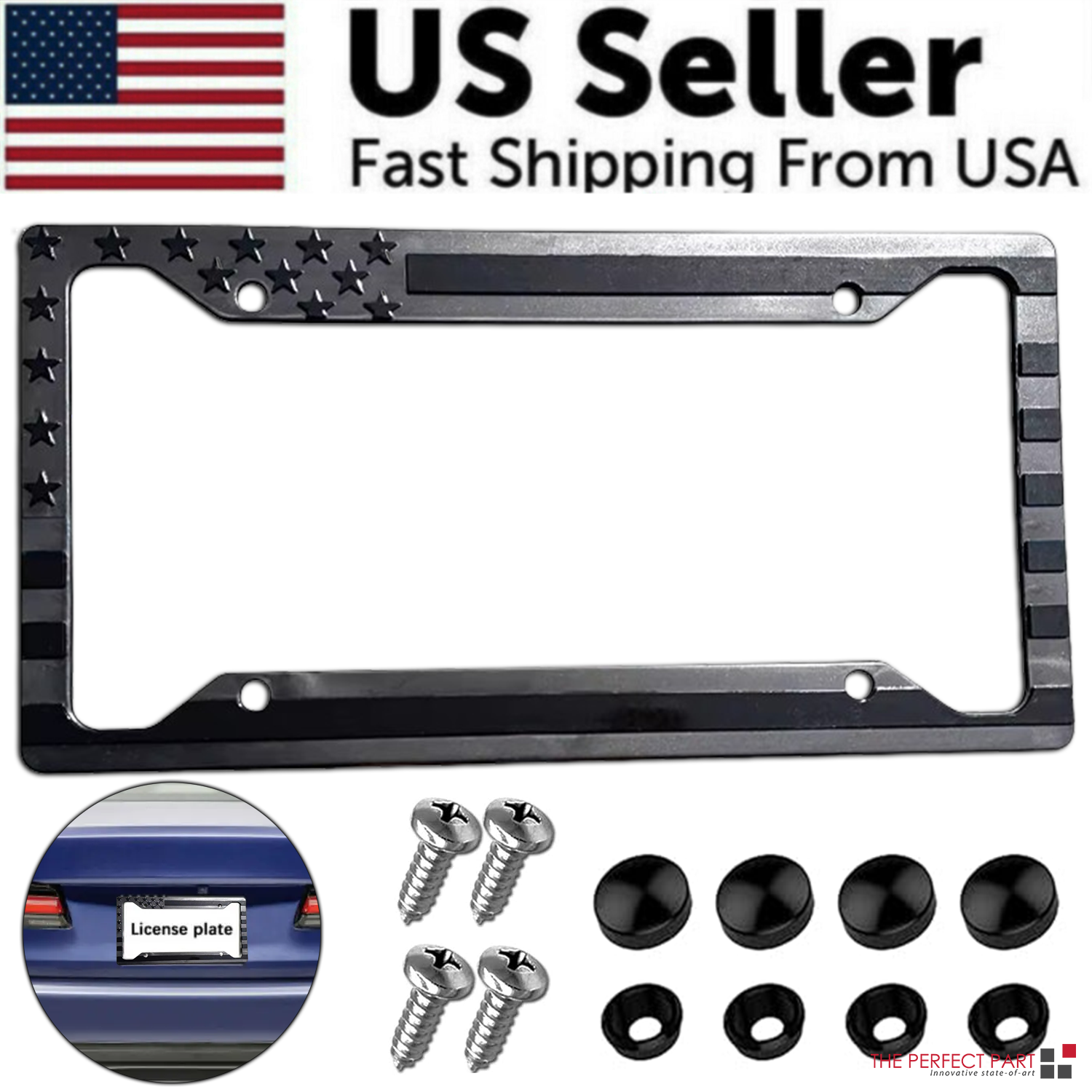 Black 3D USA Flag License Plate Frame